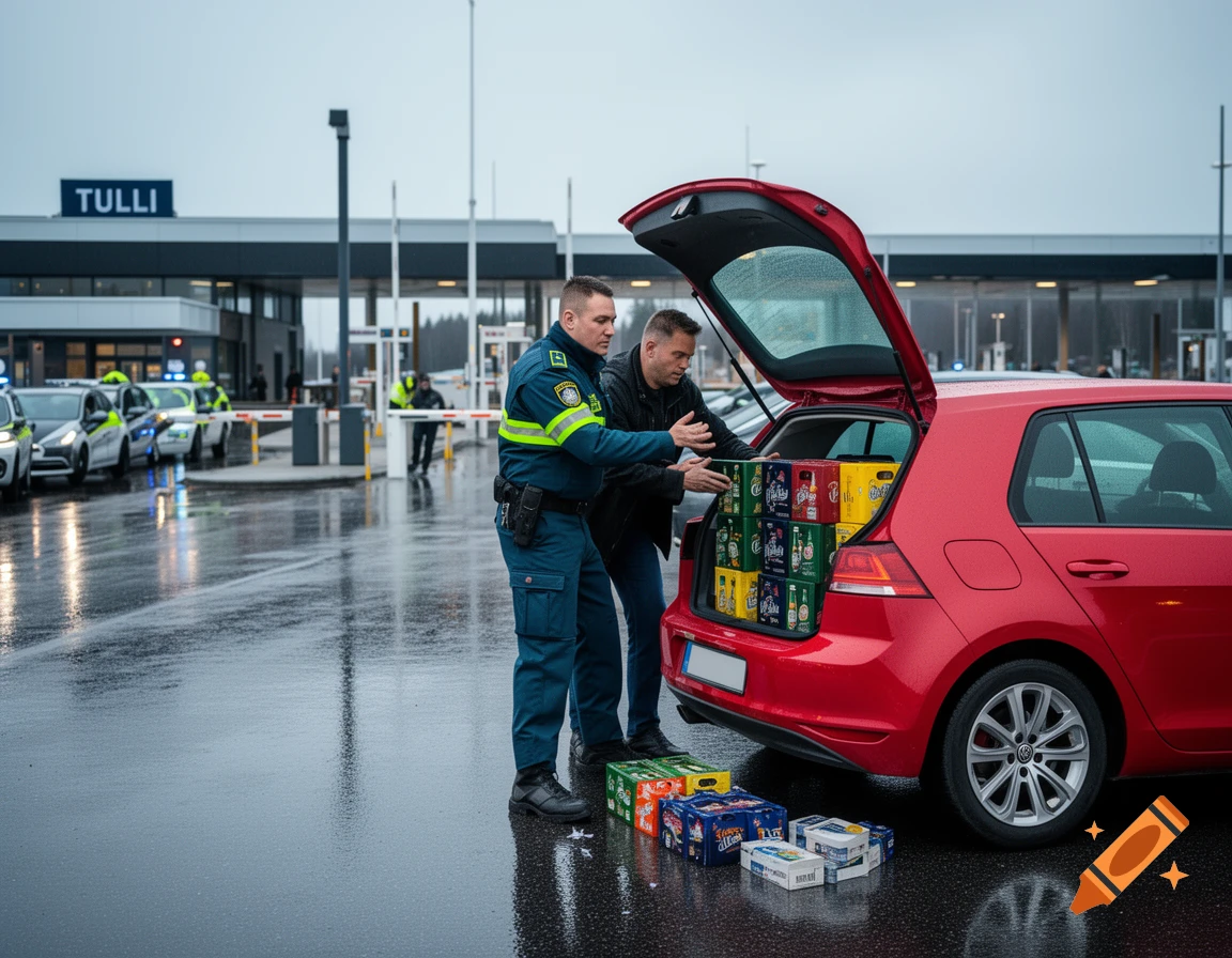 A border guard and a man load cases of beer into the trunk of a red car at a customs checkpoint.