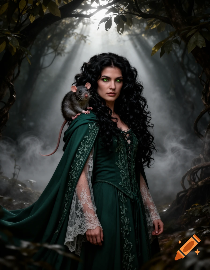 Photorealistic image of a woman with dark curly hair and green eyes in a green medieval dress and cape, with a rat on her shoulder, in a misty forest.