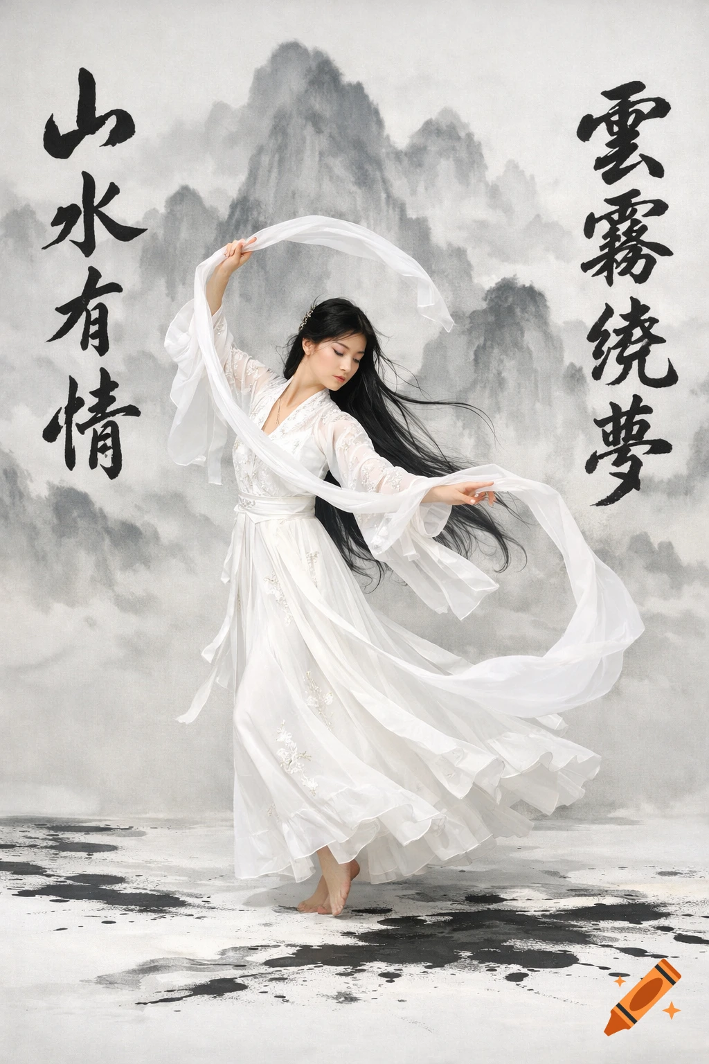 A woman in a white hanfu dances barefoot on an ink-splattered floor, framed by an ink wash painting of mountains and Chinese calligraphy.