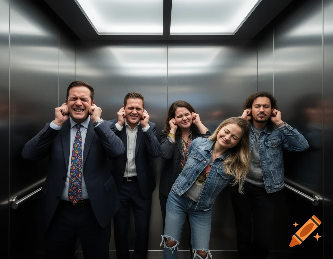 Four diverse people inside a metallic elevator grimace and cover their ears, reacting to loud noise.