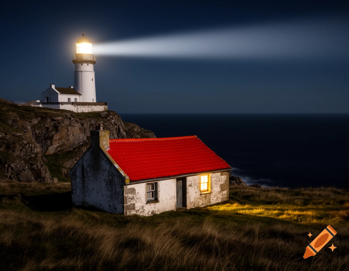 A white lighthouse beams light across a dark ocean and a small, rustic house with a red roof at night.