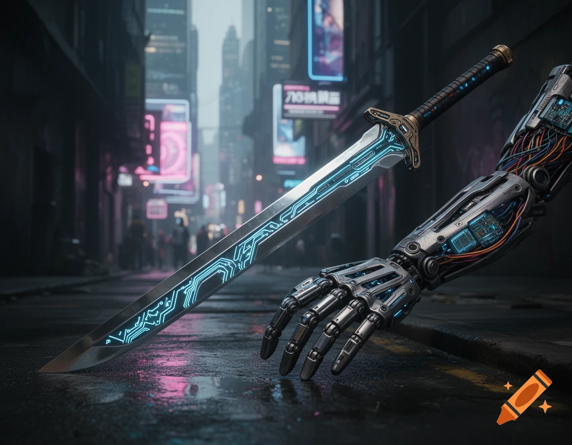 A glowing cyberpunk sword and a robotic arm resting on a wet street in a neon-lit futuristic city.