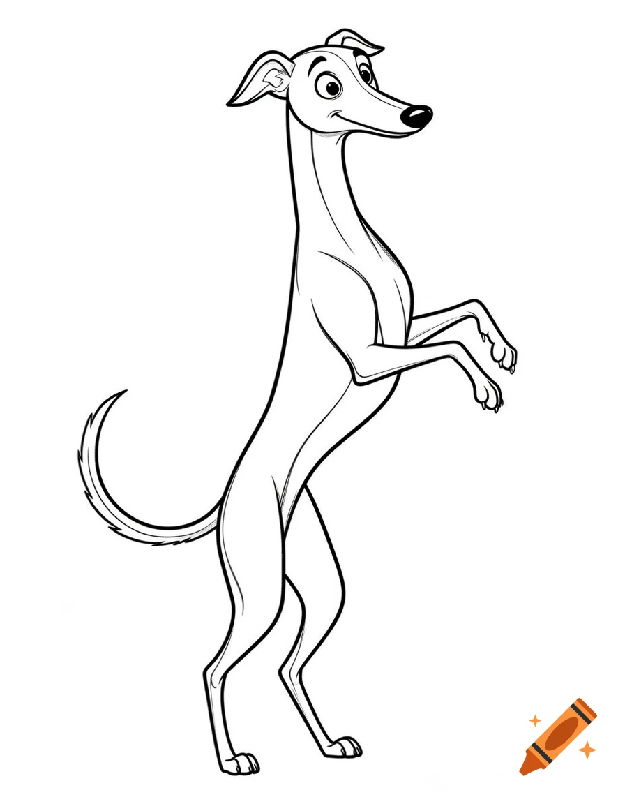 Line art cartoon greyhound standing playfully on its hind legs against a white background.