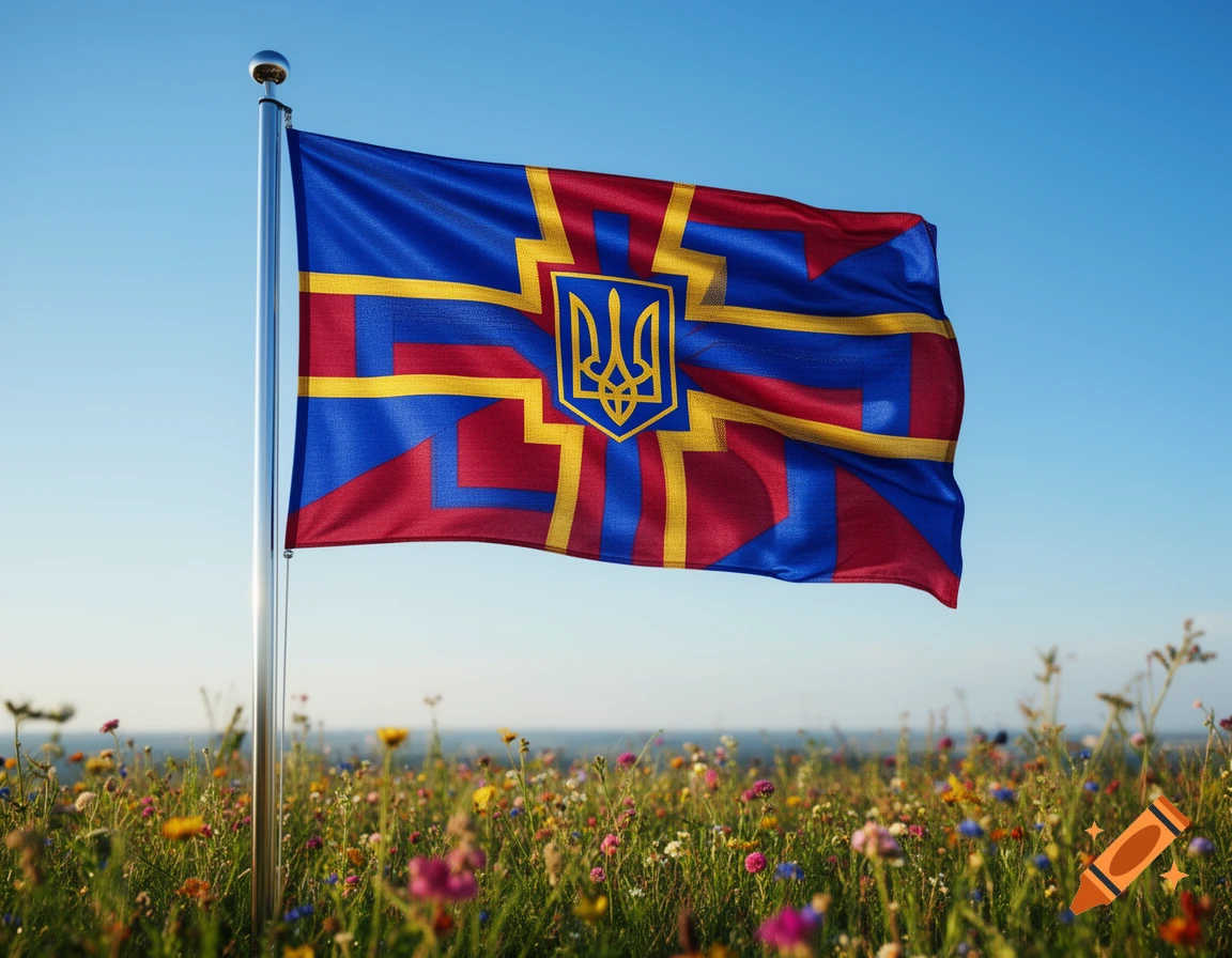 A flag featuring a yellow Ukrainian trident on a red and blue design, waving in a field of wildflowers under a clear blue sky.