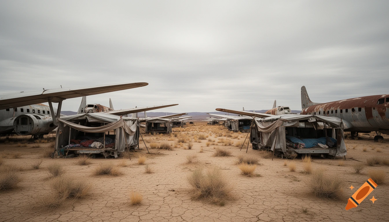 A wide view of a plane graveyard in a dry desert, with makeshift shelters built among the rusting, abandoned aircraft under a cloudy sky.