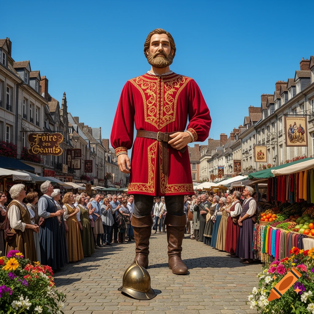 A giant man in a red and gold tunic stands in a bustling cobblestone market street, surrounded by a crowd, with a helmet at his feet.