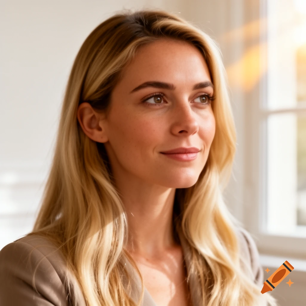 Close-up portrait of a smiling blonde woman in a brown jacket, bathed in sunlight, looking thoughtfully to the side indoors.
