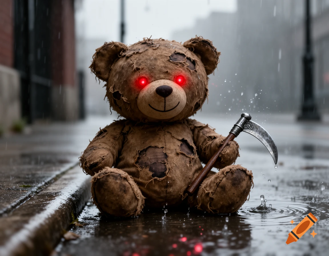 A tattered teddy bear with glowing red eyes sits on a wet curb in the rain, holding a small scythe.