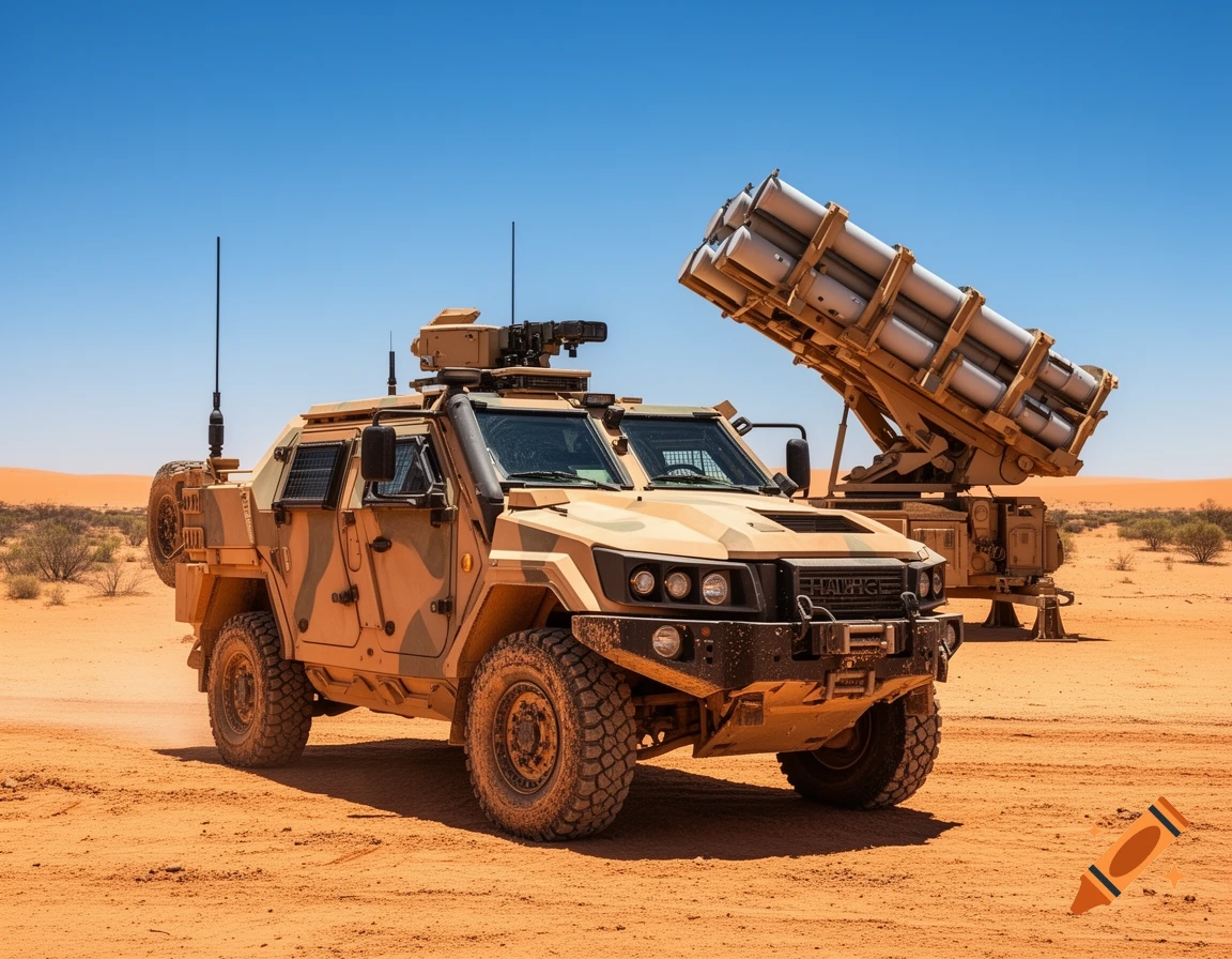 A tan armored military vehicle and a missile launcher with multiple ...