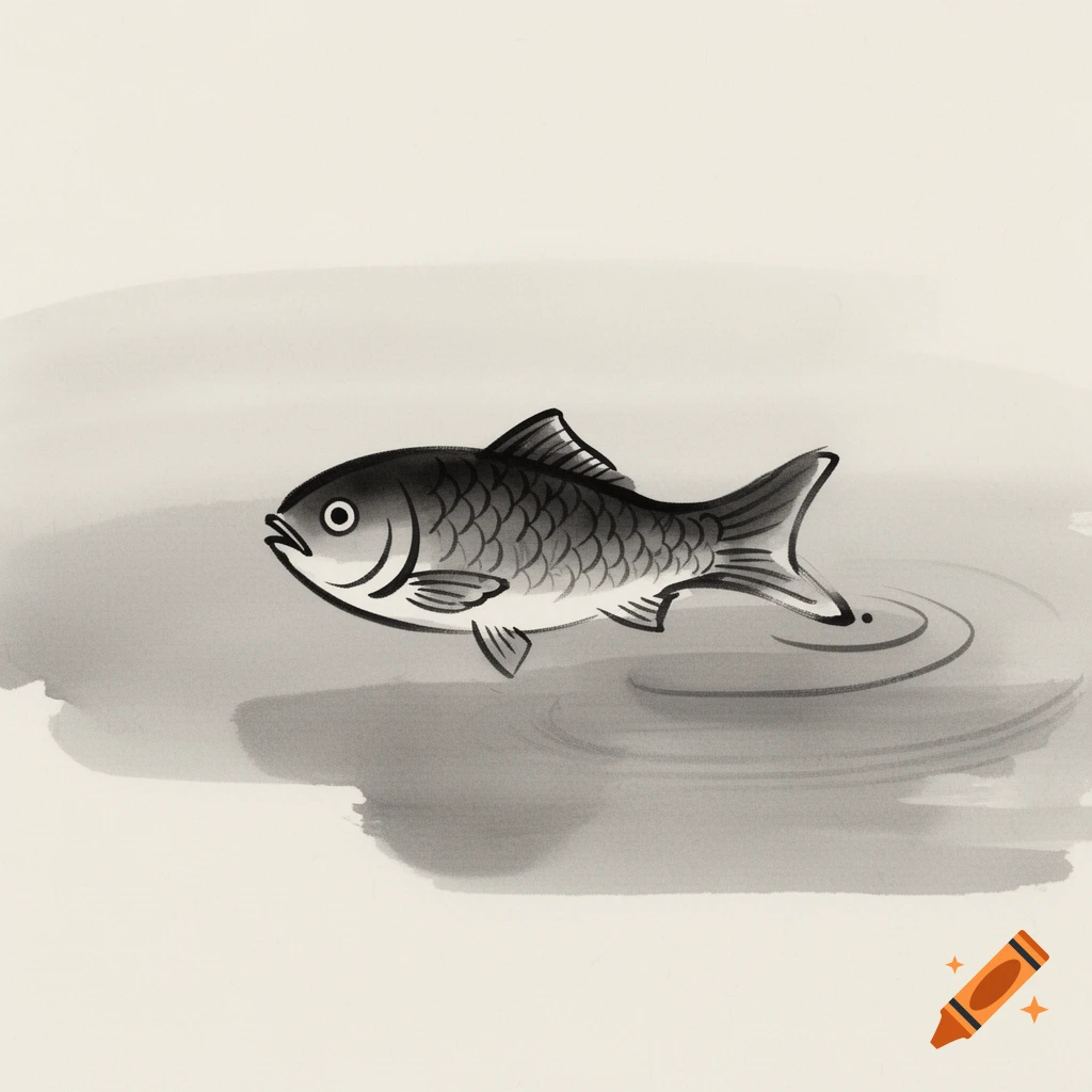 A sumi-e ink painting of a dark-scaled fish partially submerged in light gray water, creating ripples.