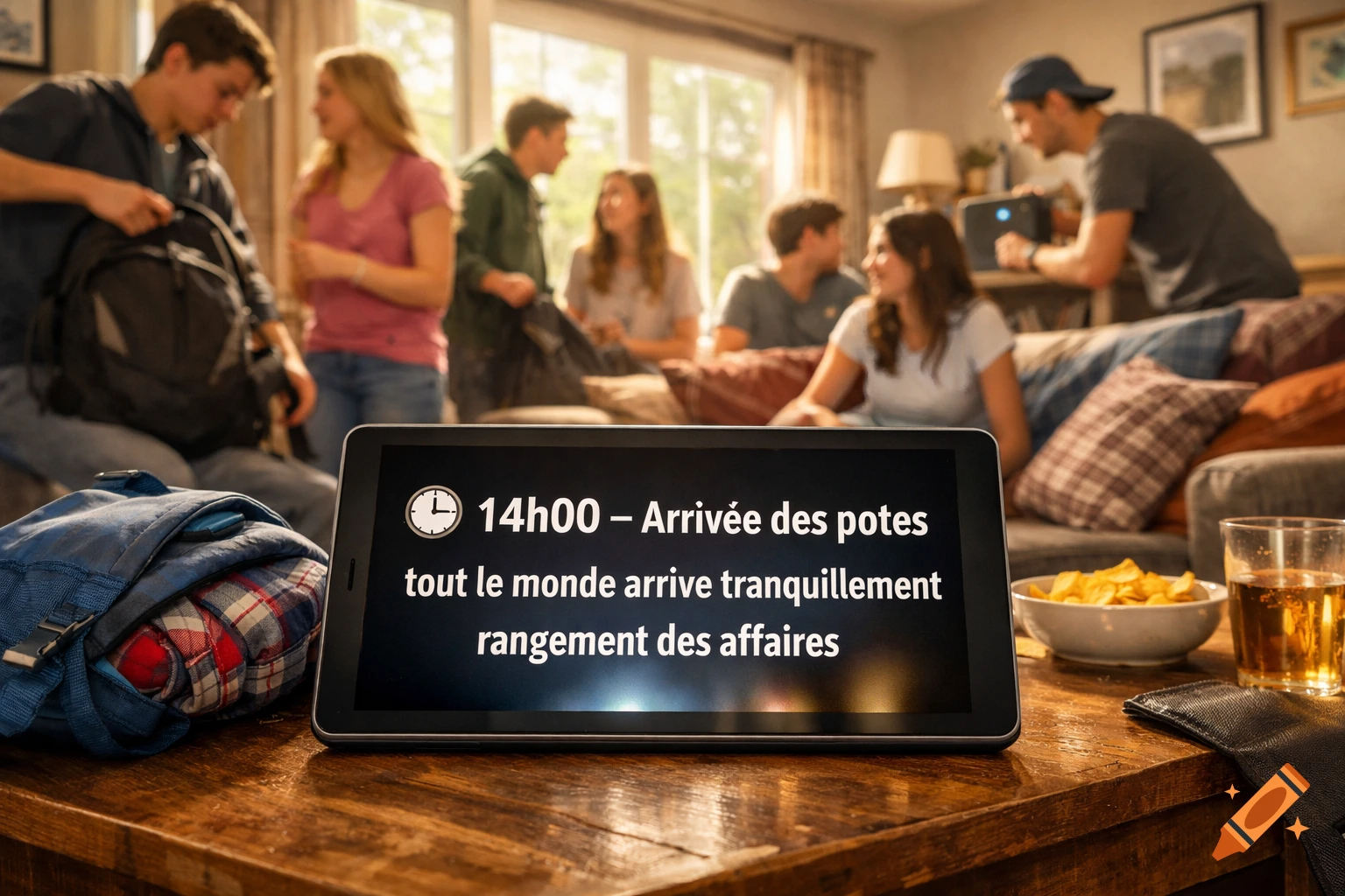 A tablet on a wooden table displays '14h00 – Arrivée des potes' with a clock icon, while blurred young people gather in a living room.