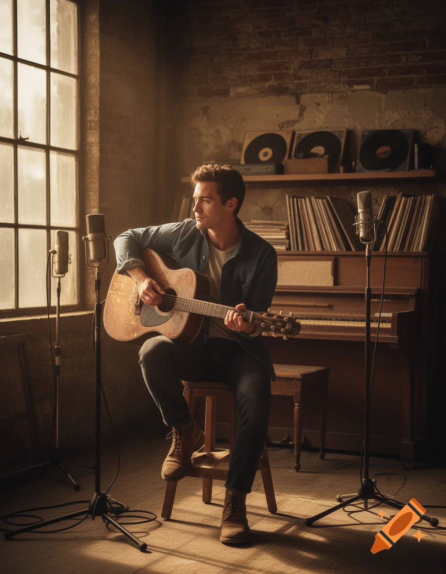 A man plays an acoustic guitar in a rustic studio with microphones, a piano, and vinyl records in the background, bathed in warm light.