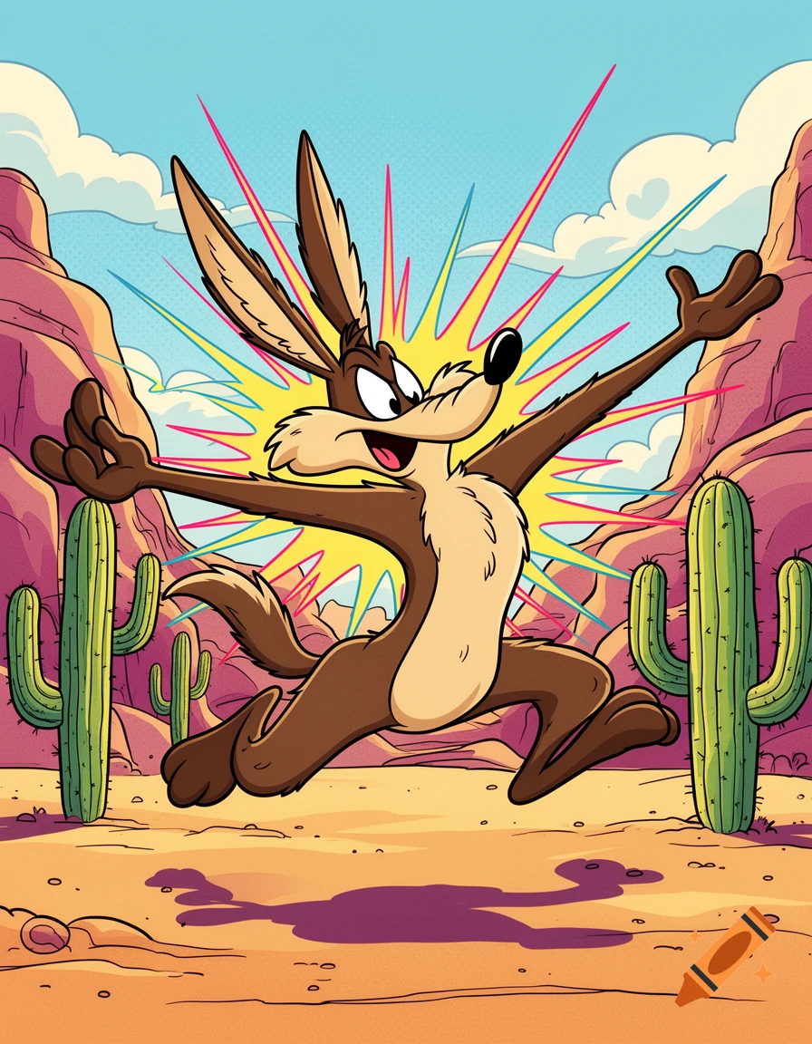 Wile E. Coyote in a desert, with a colorful starburst behind him, running with arms outstretched in a cartoon style.