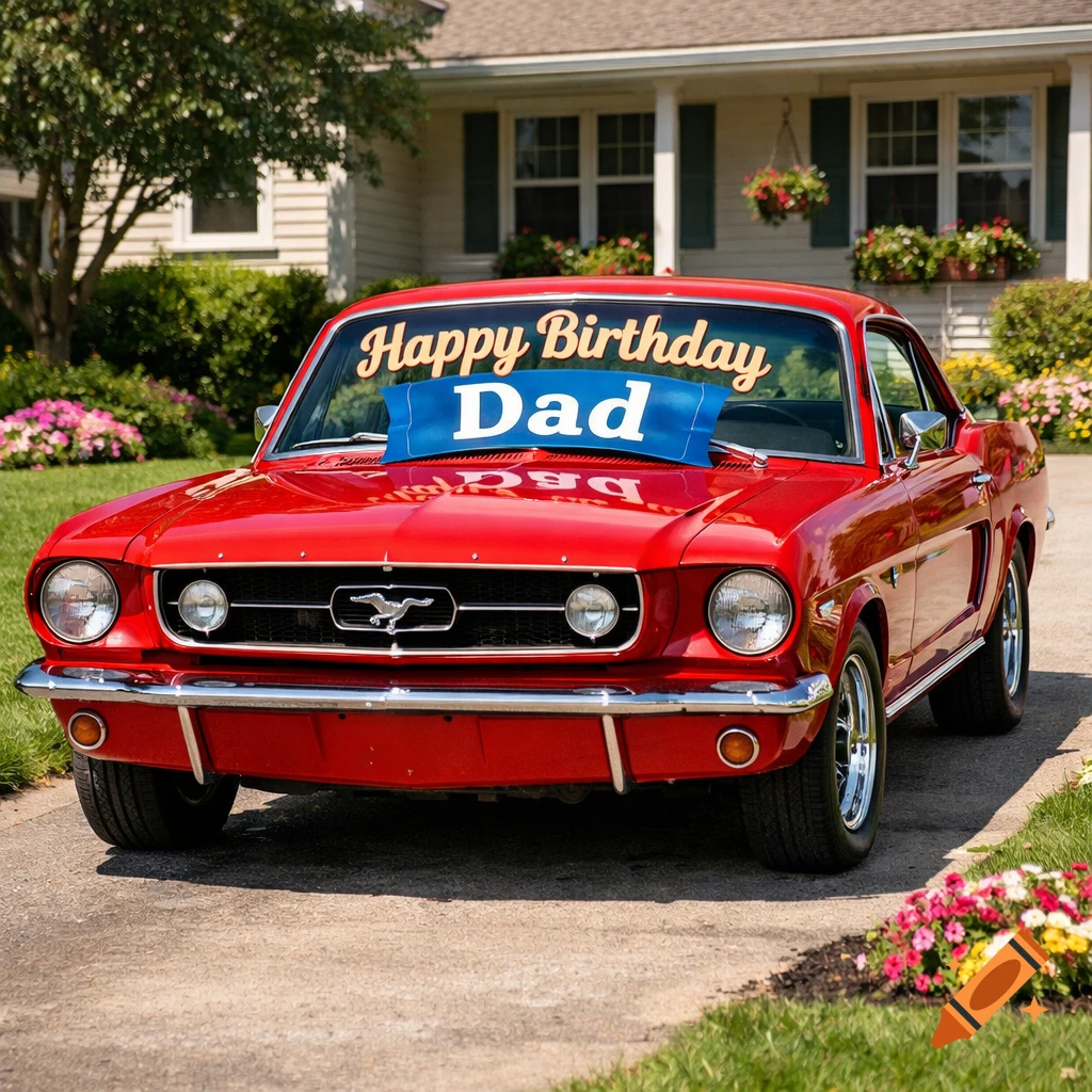 A red classic Ford Mustang car with a 'Happy Birthday Dad' banner on its windshield, parked on a driveway.