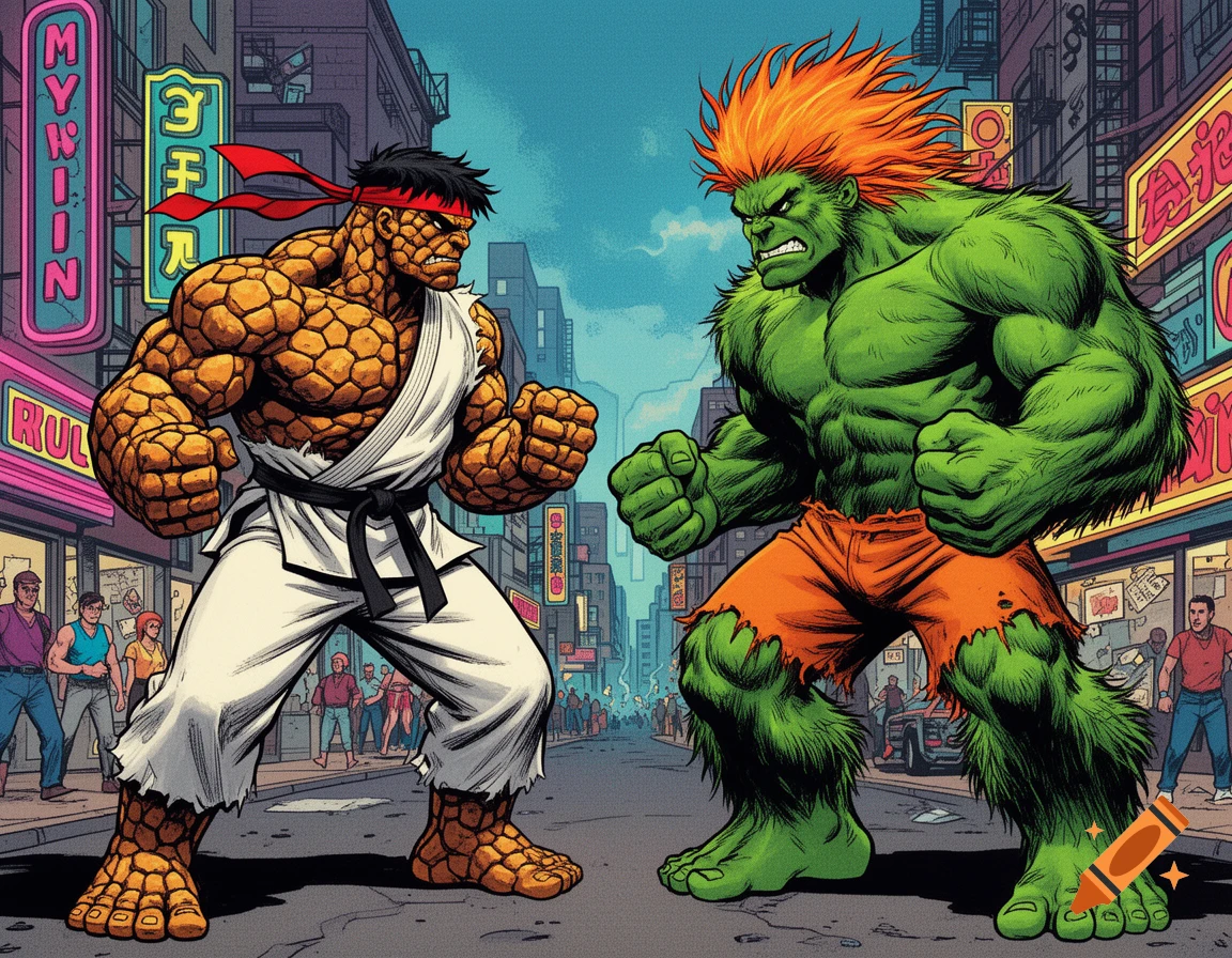 The Thing dressed as Ryu faces off against the Hulk dressed as Blanka, in a city street in a retro comic book art style.