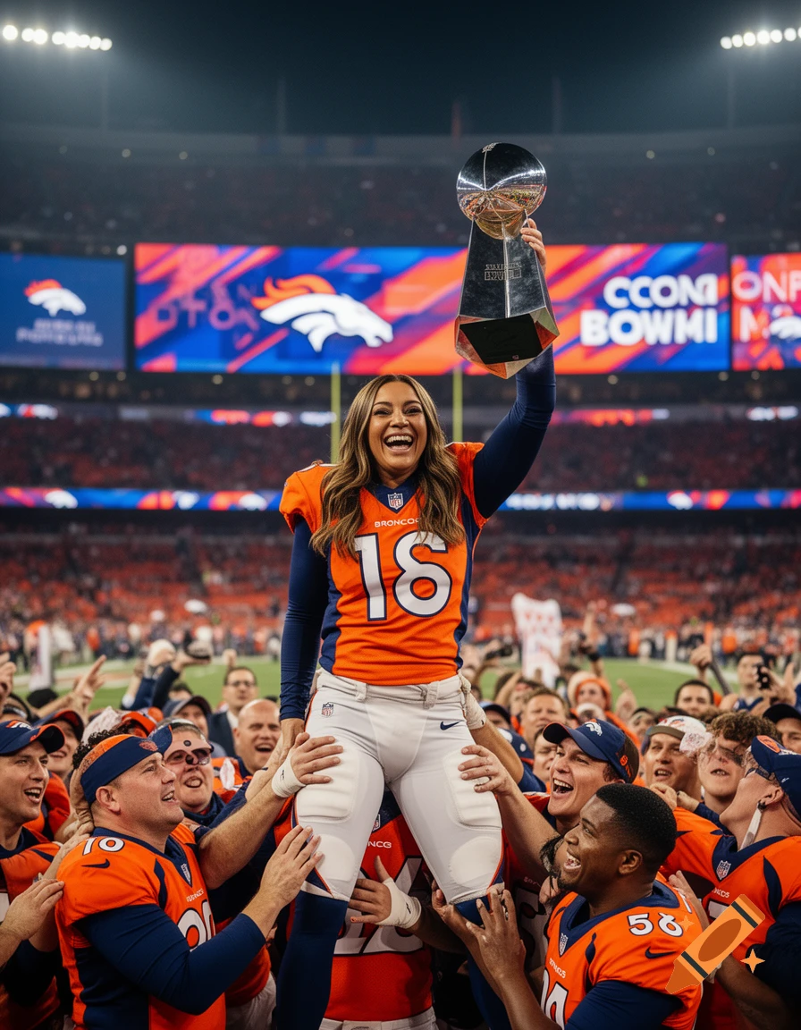 A woman in a Denver Broncos uniform is lifted by teammates and fans, holding a Super Bowl trophy in a cheering stadium.