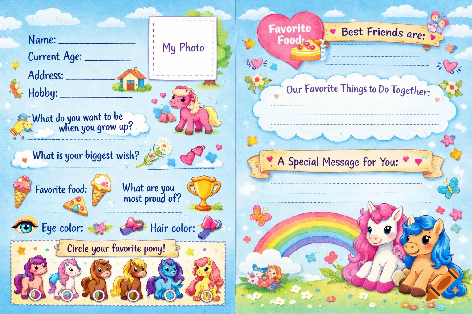 A colorful two-page friendship book entry template with questions like Name, Age, Hobbies, Favorite Food, and space for a photo, surrounded by whimsical illustrations of ponies, a rainbow, and other playful elements.