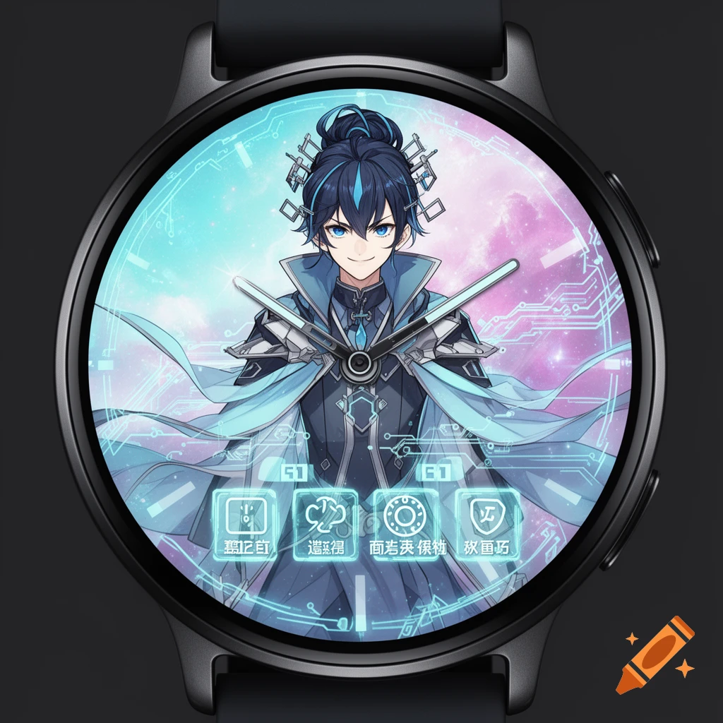 Anime-style character with blue hair and glowing eyes on a smartwatch face, surrounded by circuit patterns and a pink-blue cosmic background.