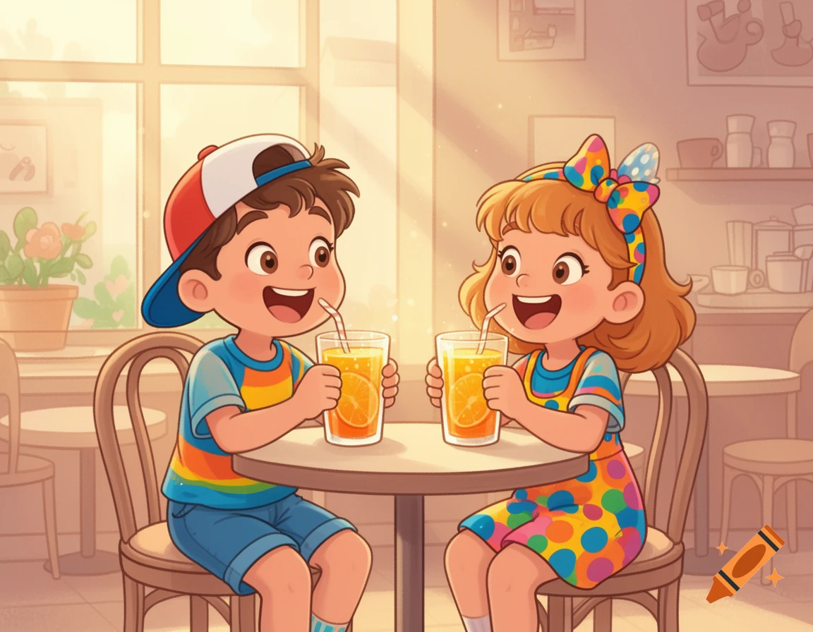 Two smiling cartoon children, a boy and a girl, sit at a cafe table, drinking orange juice on a sunny morning.