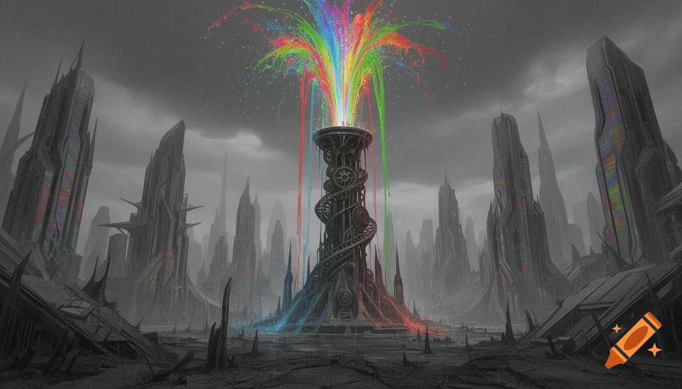 A tall, spiral mechanical tower sprays a vibrant rainbow fountain against a grim, monochrome dystopian cityscape with futuristic buildings and a rainy sky.