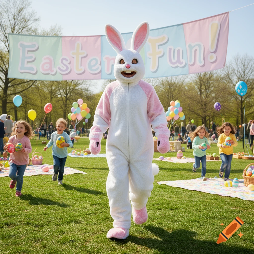 An Easter bunny mascot walks through a sunny park with children holding colorful eggs, surrounded by balloons and an 'Easter Fun!' banner.