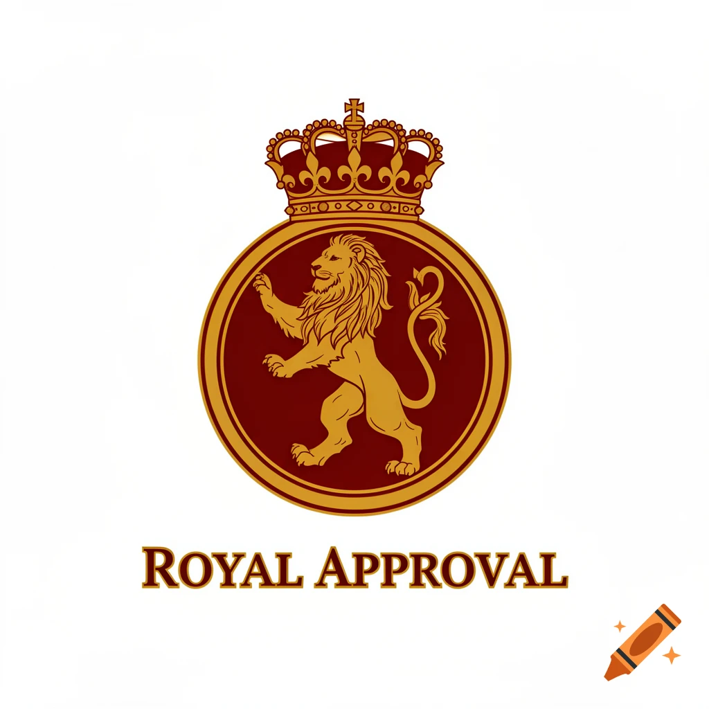 A royal emblem featuring a golden lion rampant in a maroon circle, topped with a golden crown, above the text "ROYAL APPROVAL".