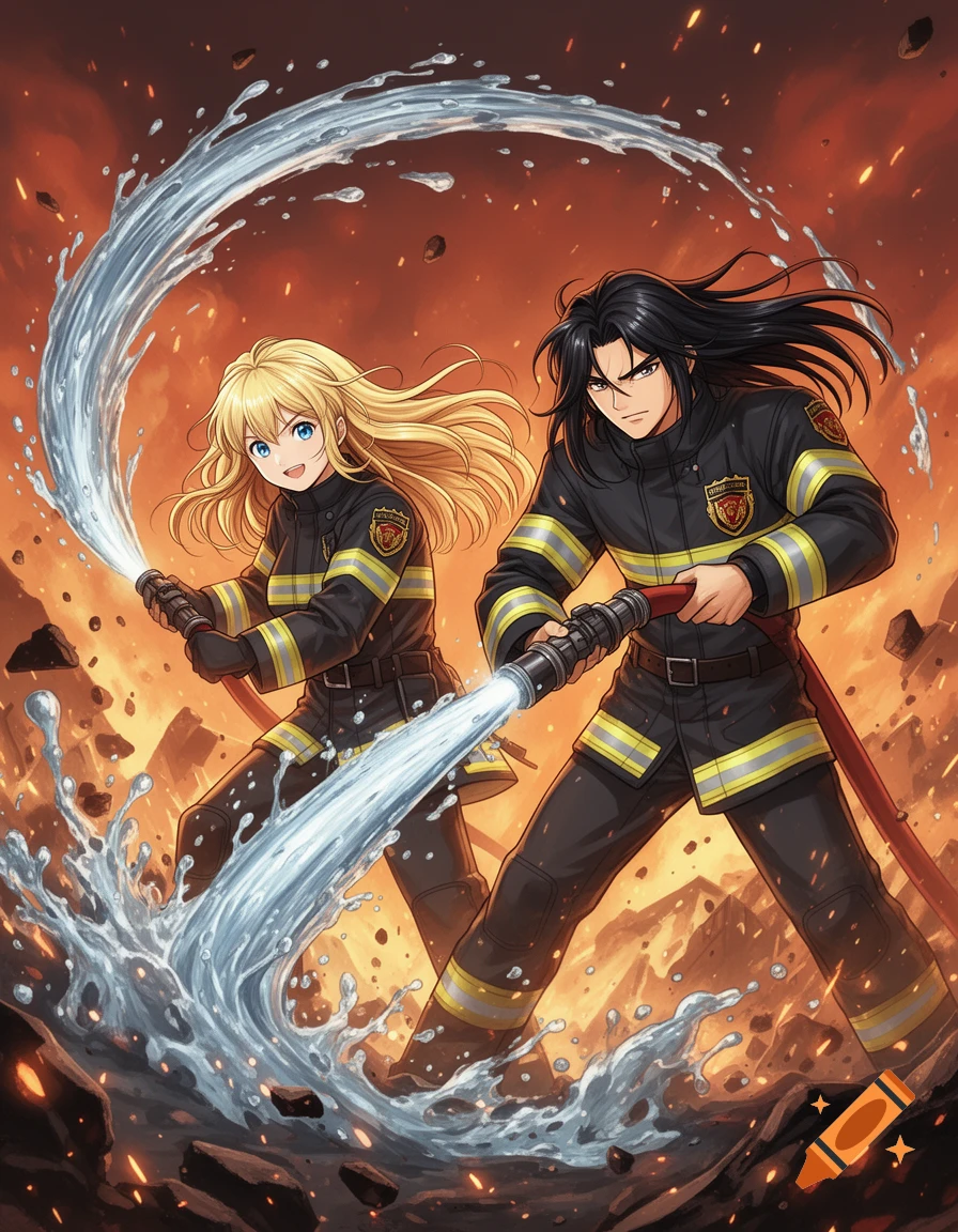 Two anime firefighters, a blonde woman and a dark-haired man, extinguishing a large fire with water hoses.