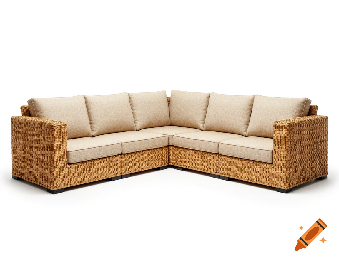 Photorealistic L-shaped sectional sofa with natural honey wicker frame and oatmeal beige cushions on a white background.