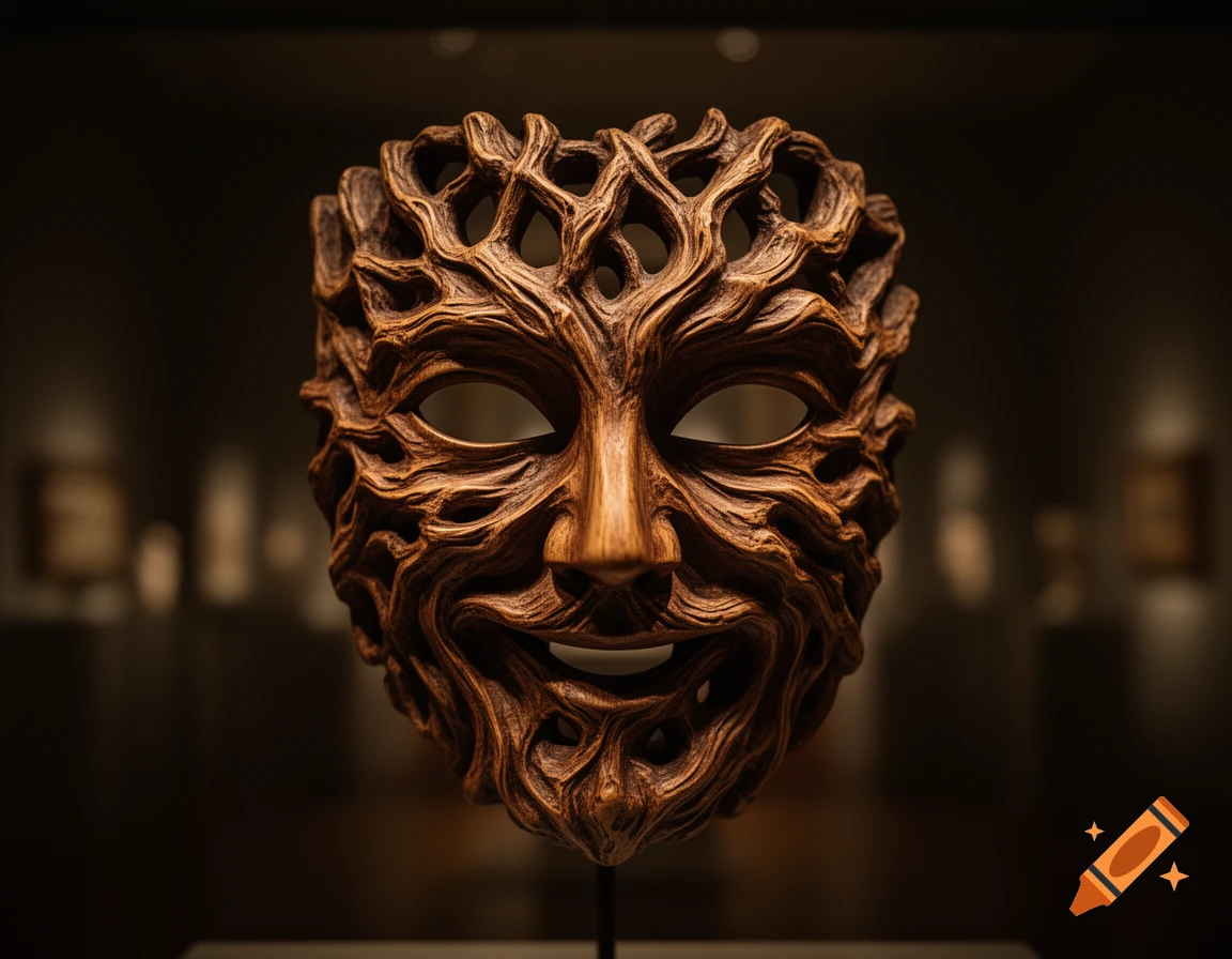A highly detailed, photorealistic wooden mask carved with intricate root-like patterns and a smiling expression, displayed in a dimly lit museum setting.