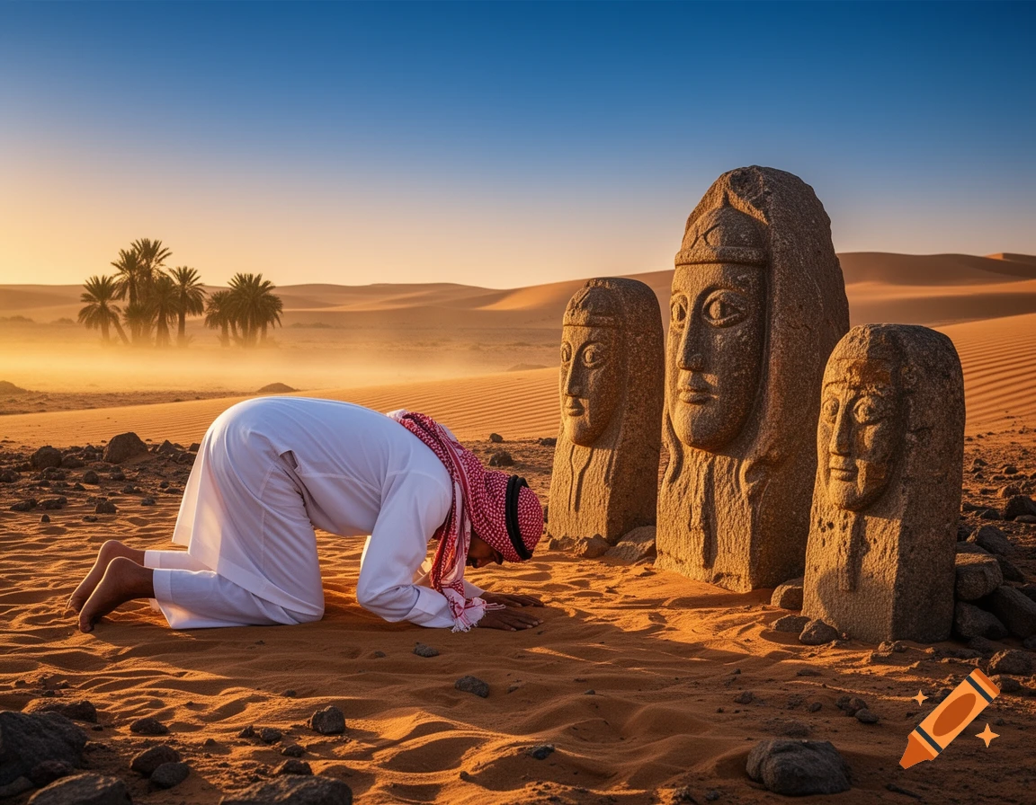 A Bedouin man in white robes prostrates in a desert at sunrise, with ancient stone idols and palm trees in the background.