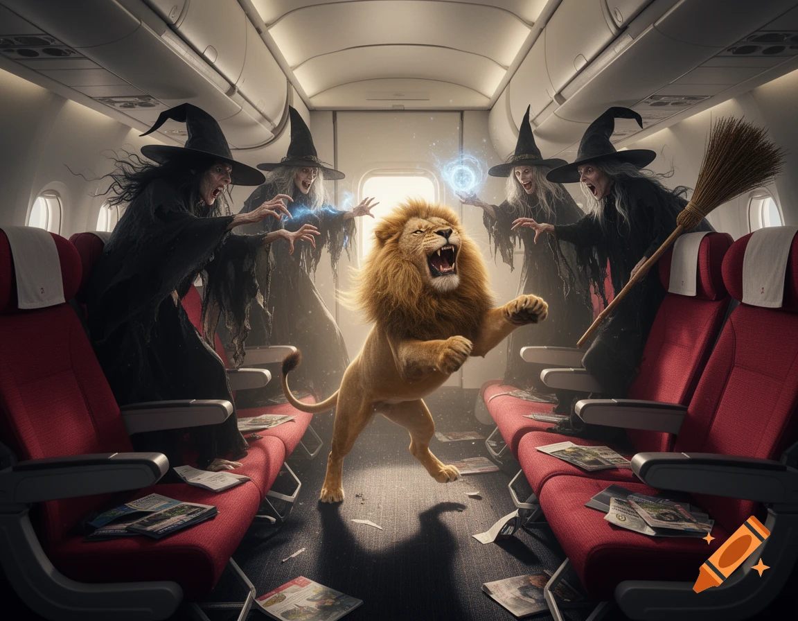 A roaring lion confronts four cackling witches casting spells in an airplane aisle, one holding a broom. Photorealistic style.