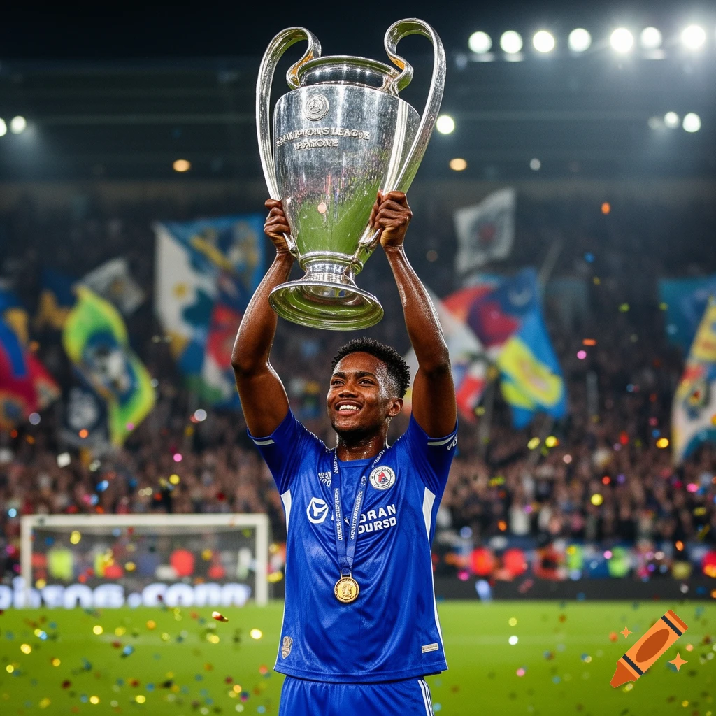 A smiling soccer player in a blue jersey raises the Champions League trophy above his head, showered with confetti on a brightly lit stadium field.