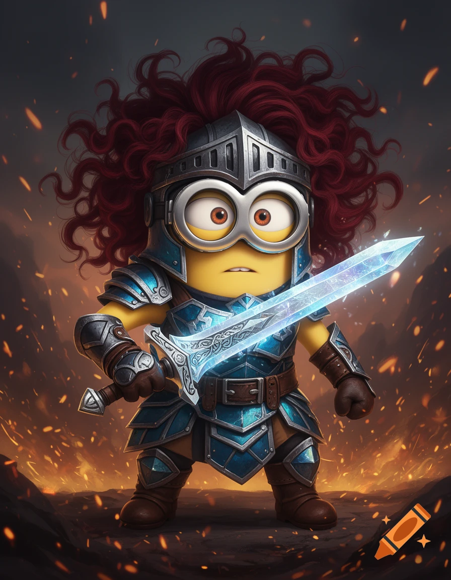 A Minion warrior with dark red curly hair in blue and silver armor, holding a glowing crystal sword against a fiery, ember-filled background.