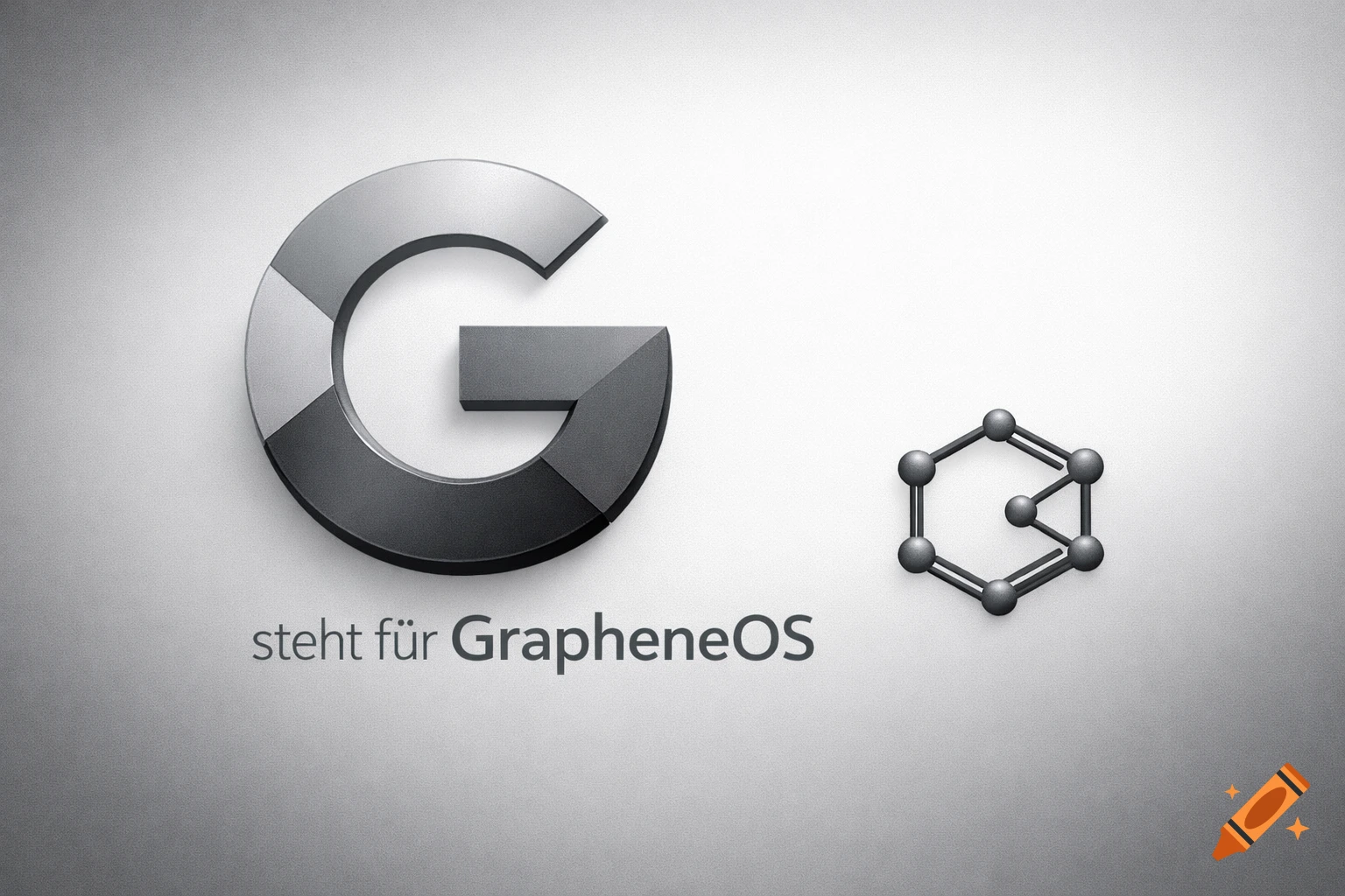 A stylized metallic 'G' logo next to a graphene molecular structure, with the text 'steht für GrapheneOS' on a gray background.