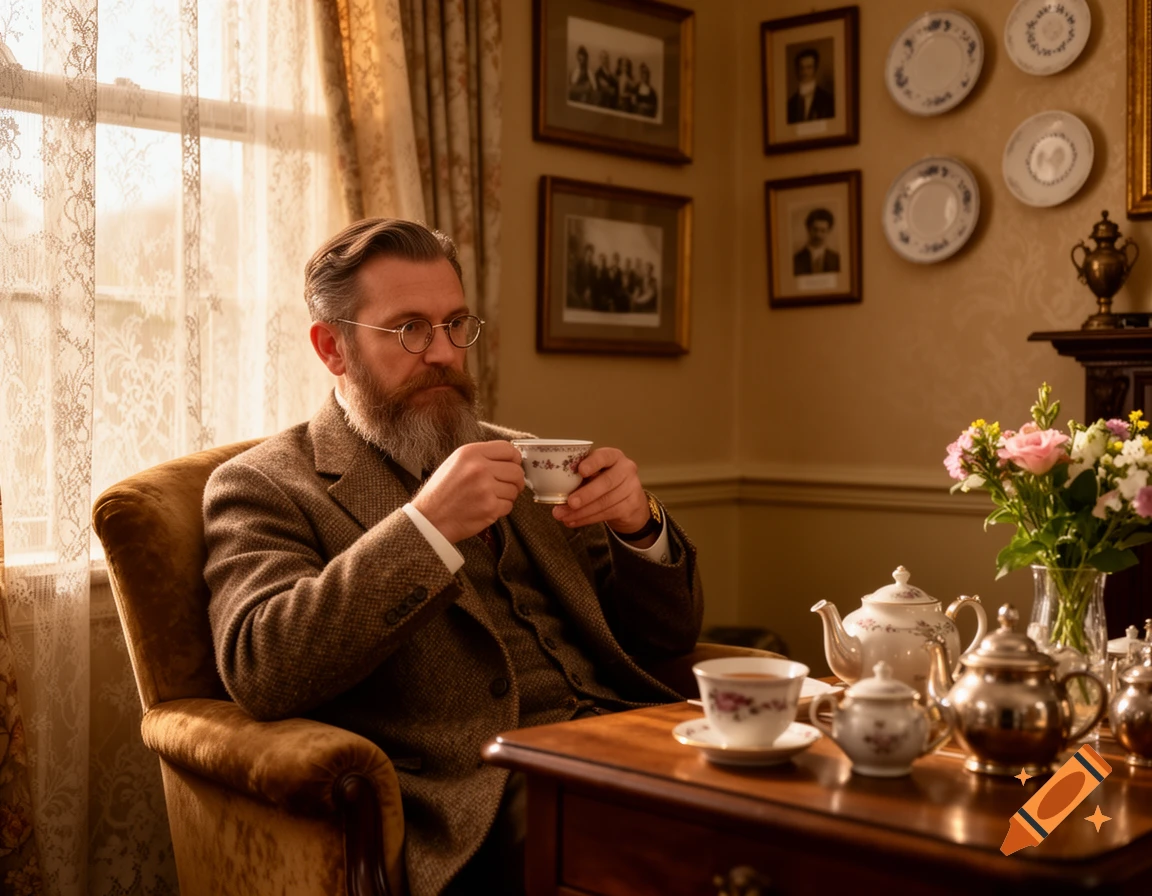 A photorealistic image of a bearded man with glasses sitting in an armchair, drinking tea in a vintage-style room.