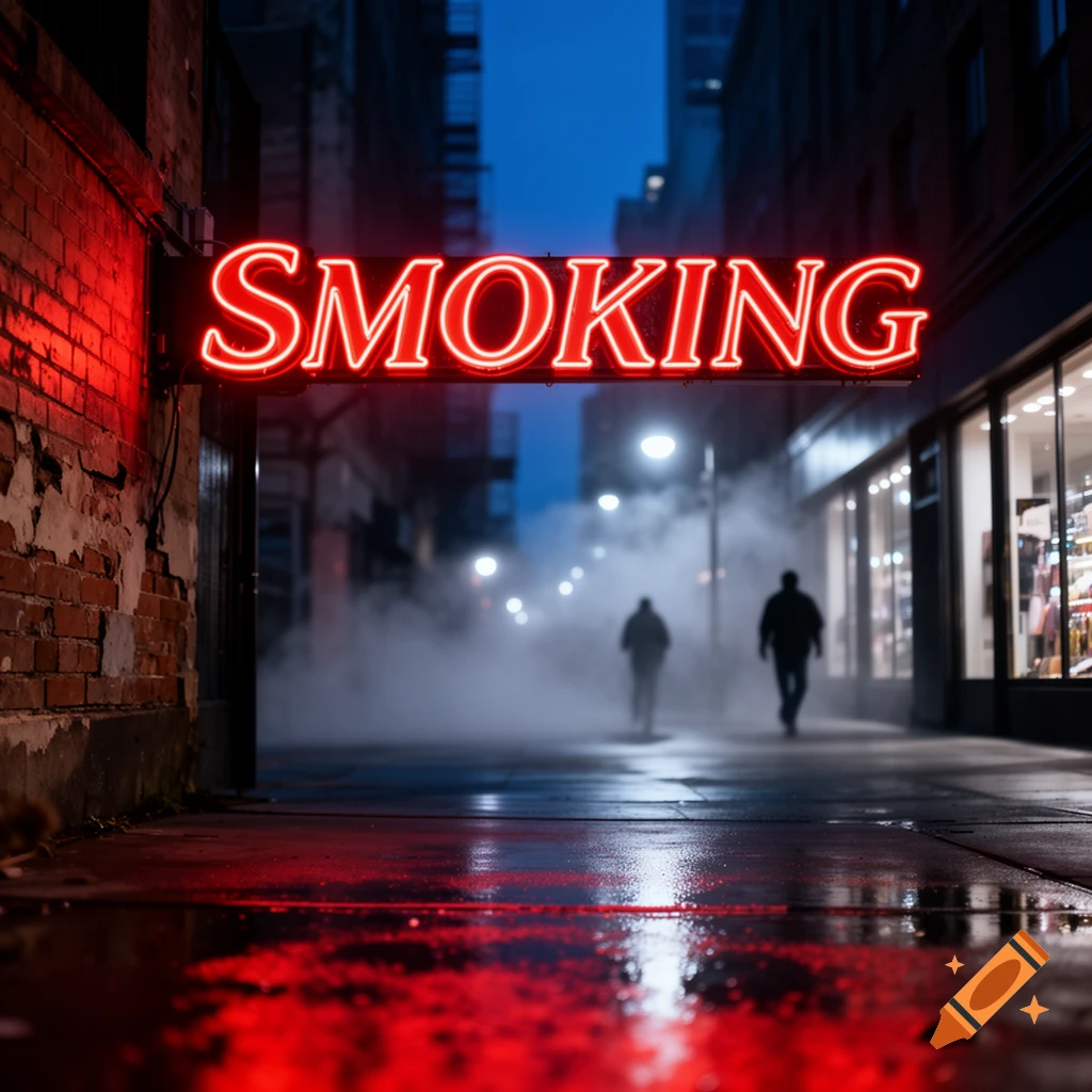 Red neon 'SMOKING' sign illuminates a foggy, wet urban alley at night with two distant figures.