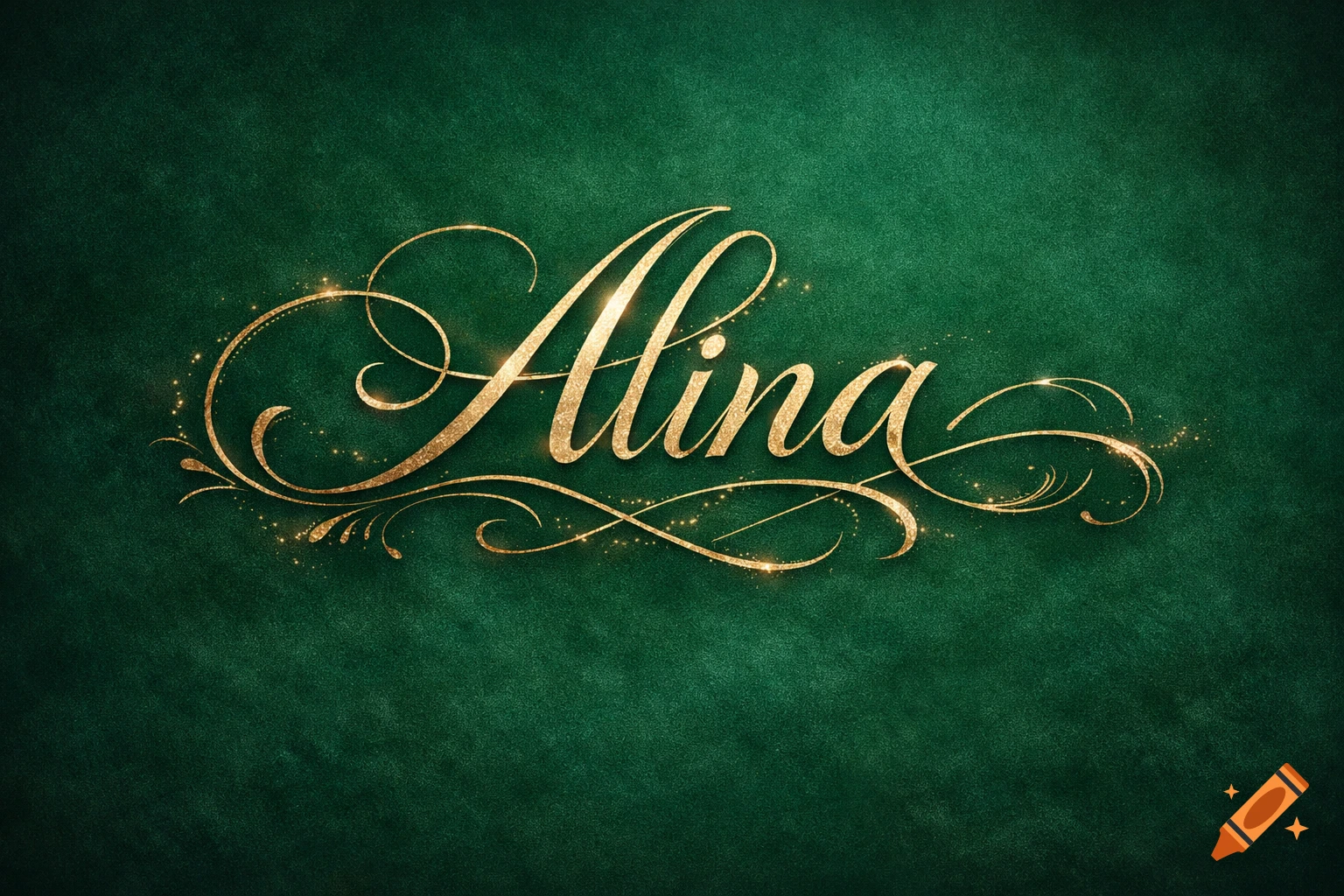 Golden glitter calligraphy of the name "Alina" with flourishes on a dark green textured background.