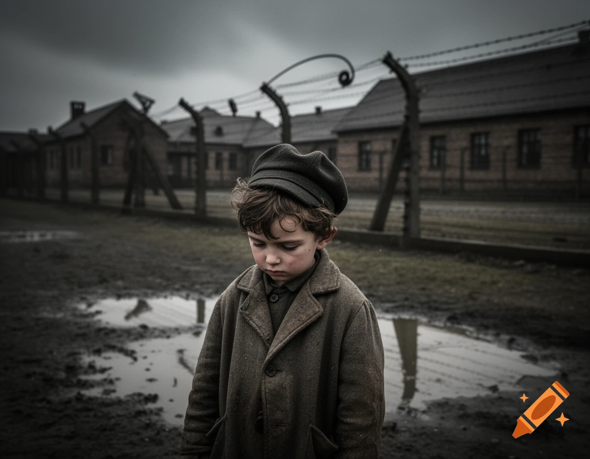 A young Jewish child stands sadly in a muddy concentration camp, wearing a cap and coat, under a dark sky.