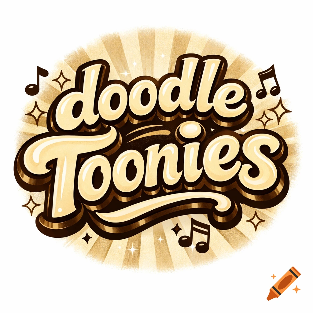 A retro-style logo for 'doodle Toonies' with bold, creamy yellow and dark brown text, star sparkles, and musical notes.