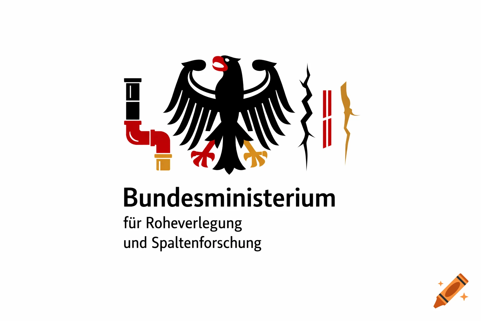 Minimalist vector logo for a fictional German ministry, featuring a stylized black eagle, pipes, cracks, and German text.