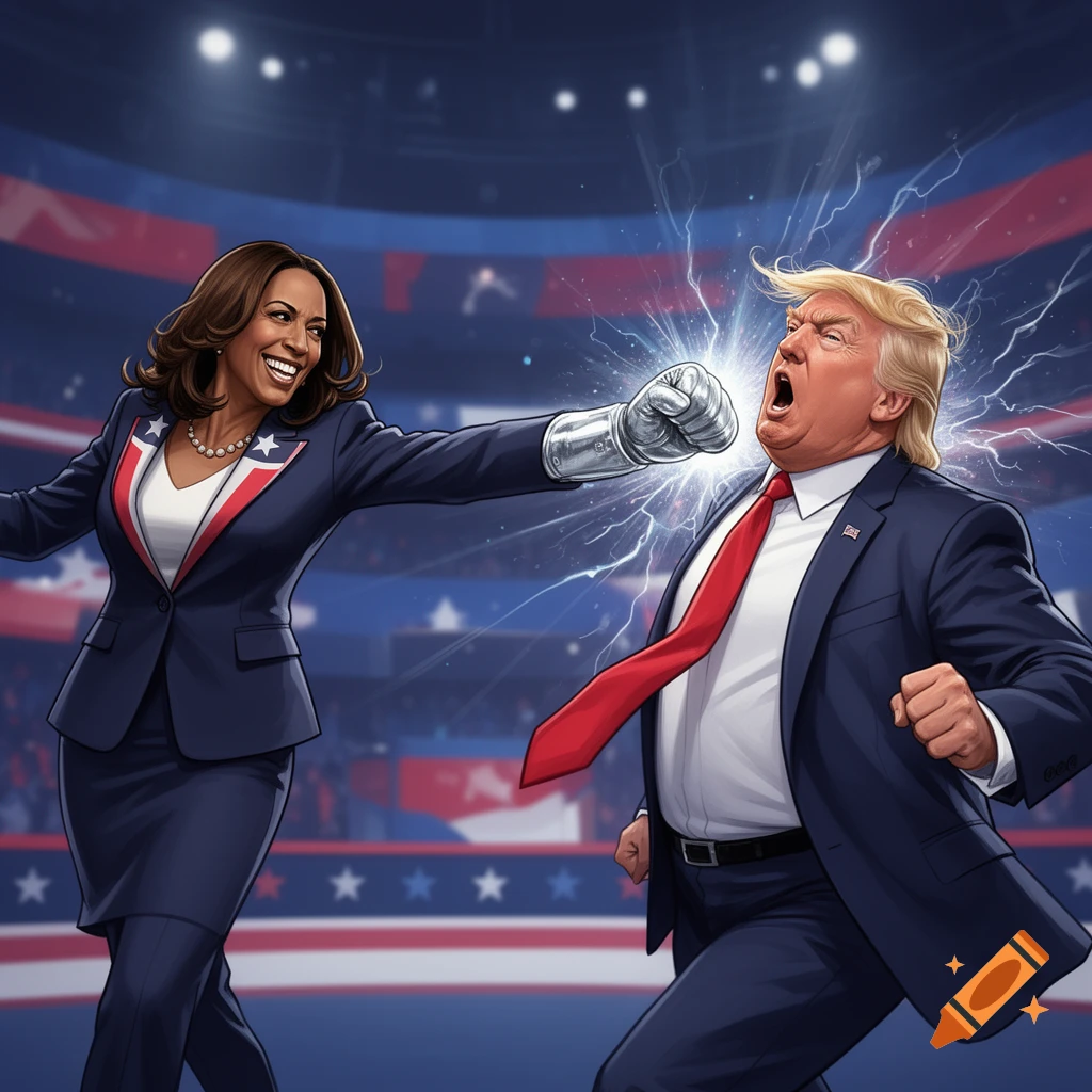 Comic art of Kamala Harris, wearing an electric glove, punching Donald Trump in a political arena.