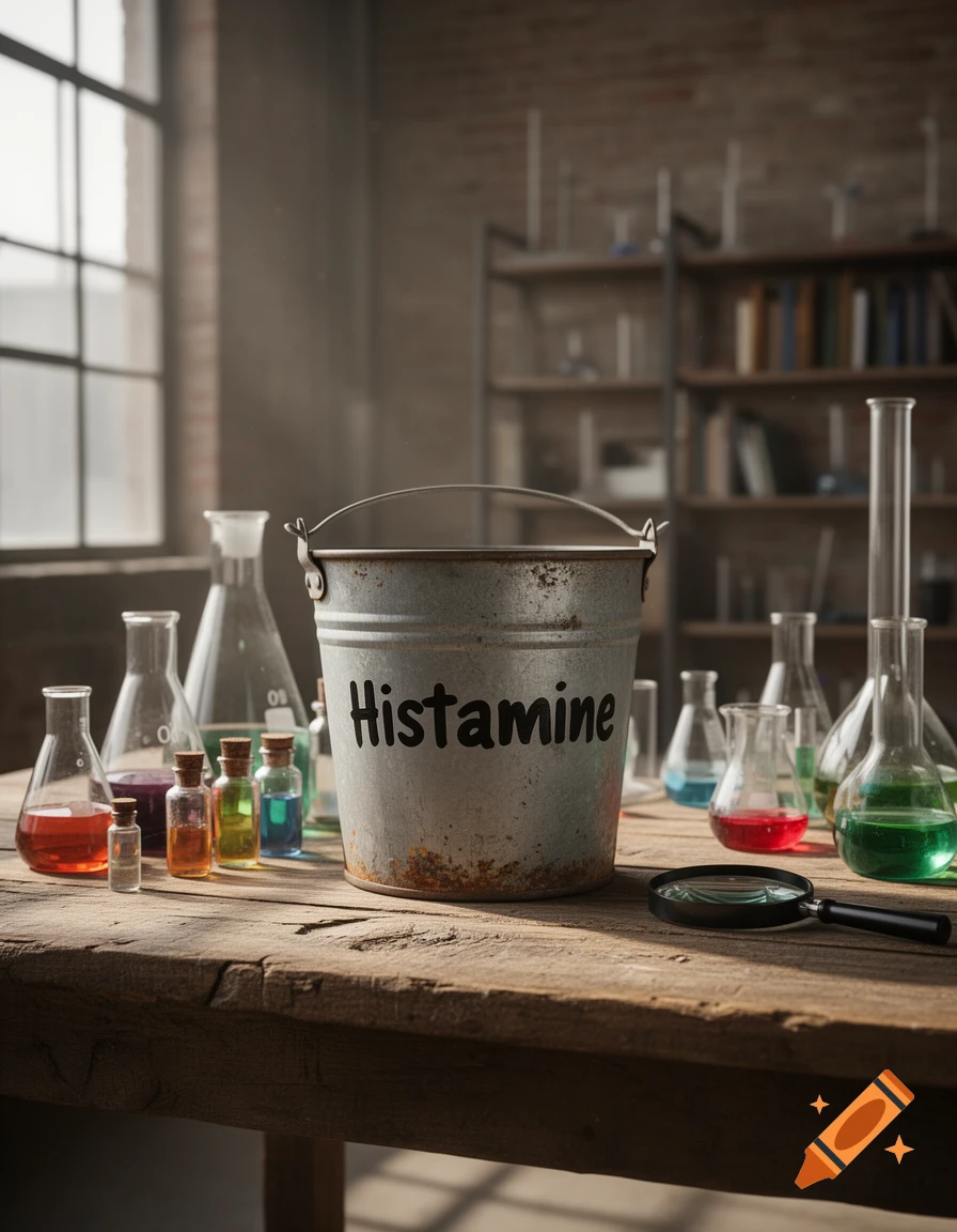 A rustic metal bucket labeled "Histamine" on a wooden table, surrounded by laboratory glassware containing colorful liquids in a sunlit lab.