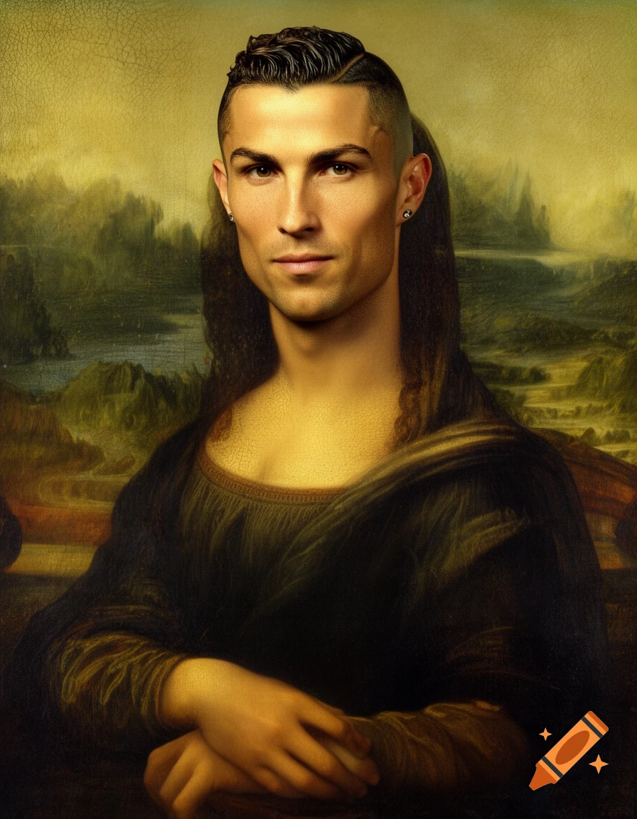 Painting of Cristiano Ronaldo's head on the Mona Lisa's body, wearing a dark dress, against a landscape background.