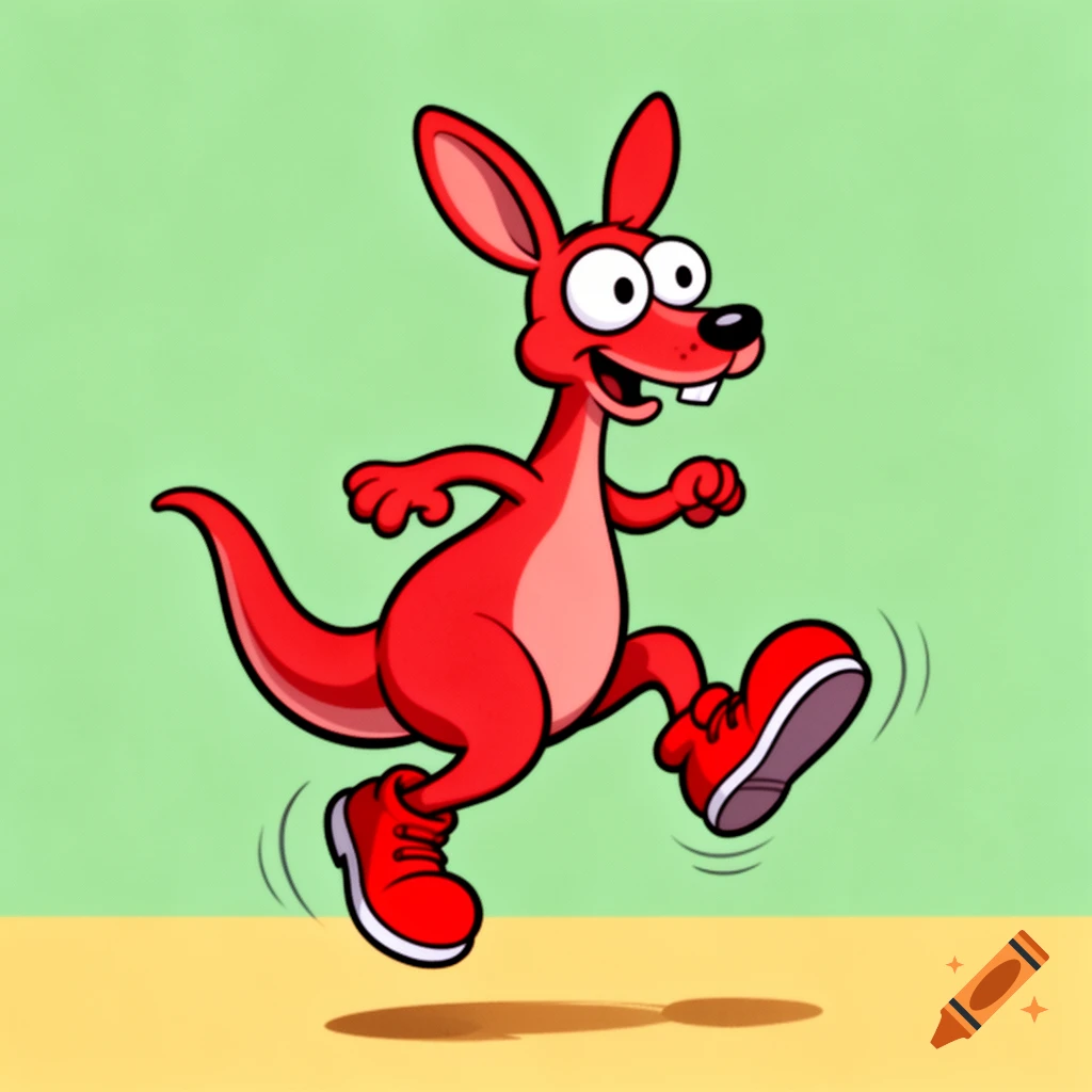 A playful red cartoon kangaroo with big white eyes and red shoes is mid-leap, casting a shadow on a two-tone green and yellow background.