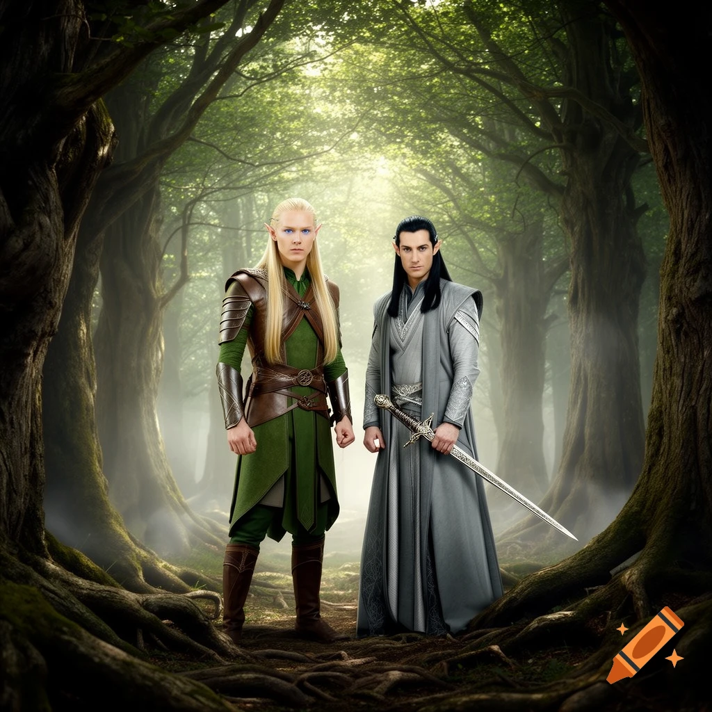 Two elf-like men in fantasy attire, one blonde in green and one dark-haired in grey with a sword, stand in a sunlit forest.