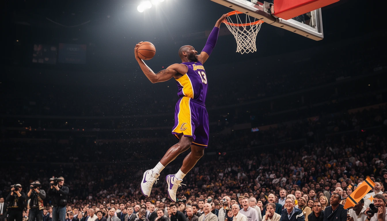 Photorealistic image of a basketball player in a purple and yellow Lakers '13' jersey dunking, with a crowd of fans watching.