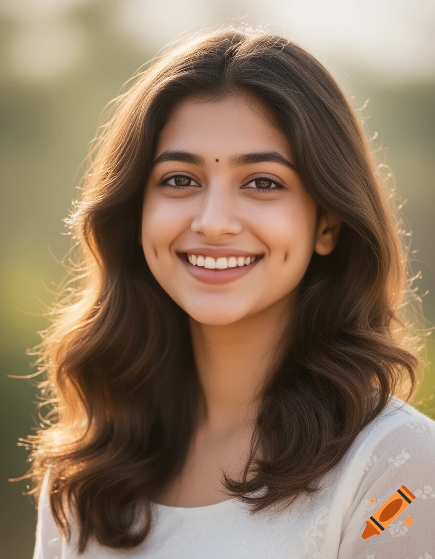 Headshot of a smiling young Indian woman with dimples and wavy brown ...