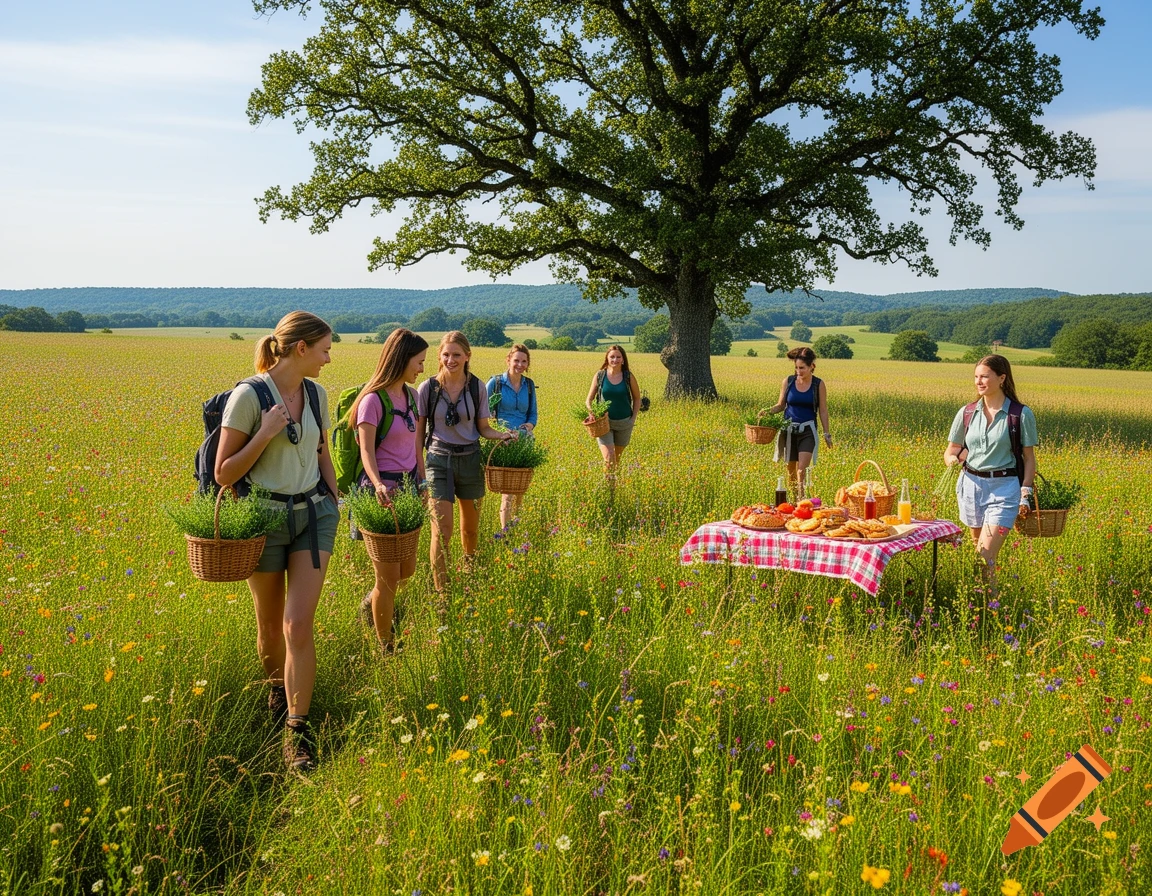 Photorealistic image of women hiking and gathering herbs in a sunny meadow, with a picnic spread under a large tree in the distance.