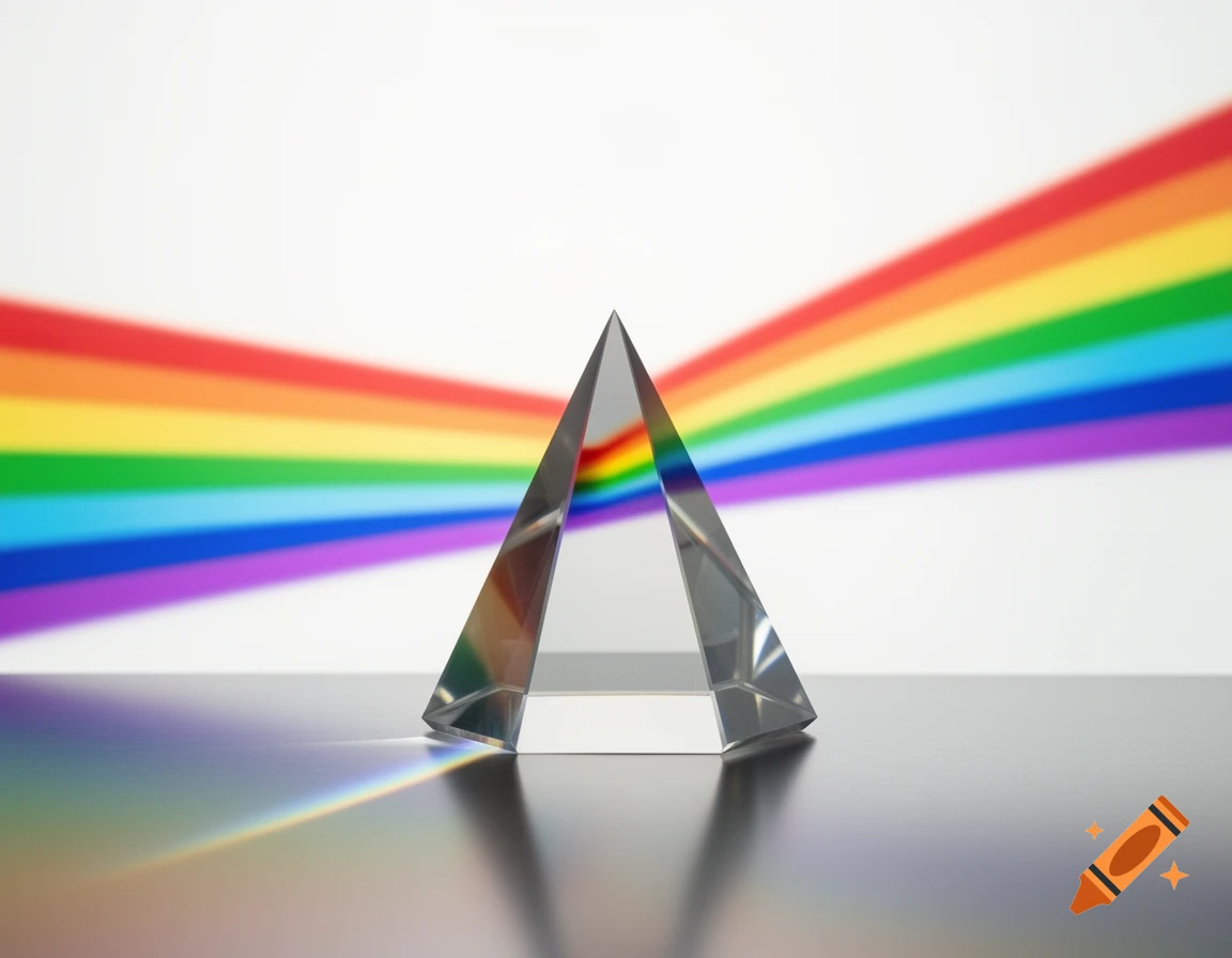 A clear triangular prism on a dark surface, refracting a light ray into a vibrant rainbow arc on a white background.