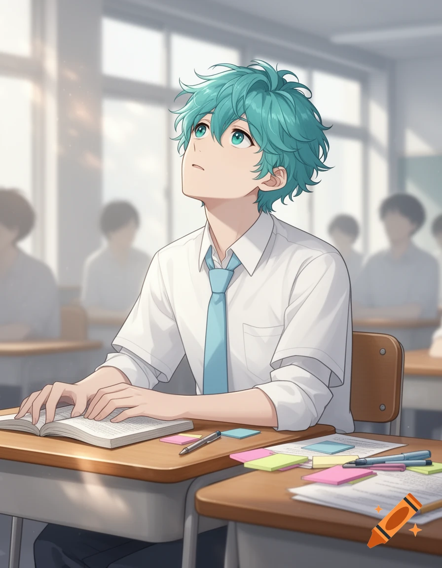 Anime boy with teal hair and green eyes looks dreamily upwards while sitting at a classroom desk with an open book and papers.